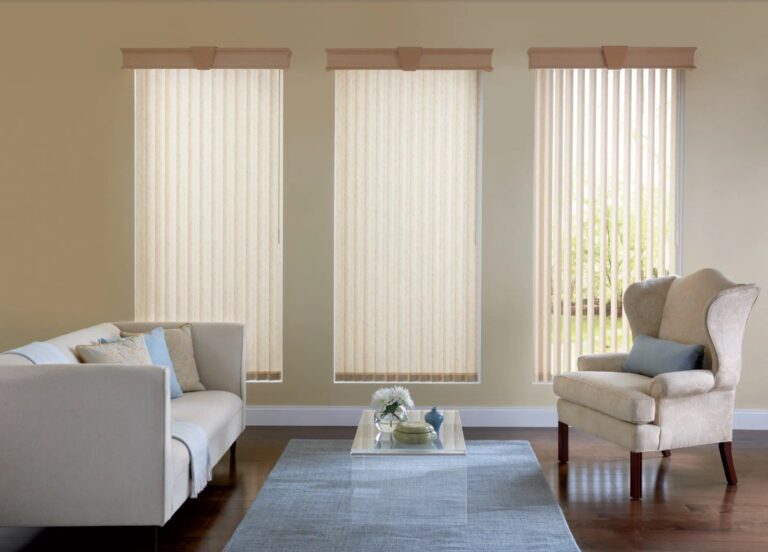 Beige vertical blinds in a modern living room