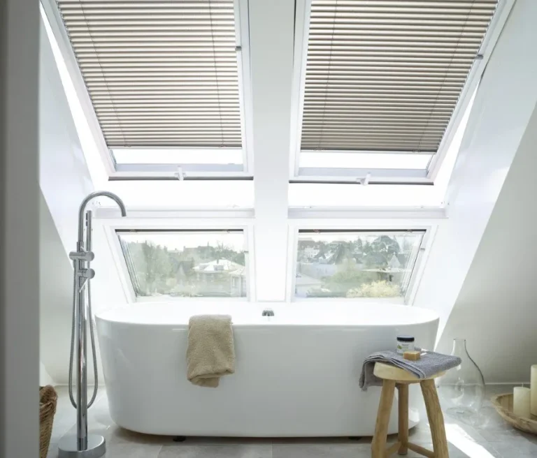 Wooden velux blinds in a modern bathroom