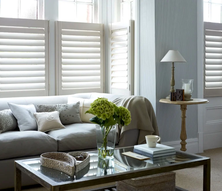 White café shutters in a cozy living room