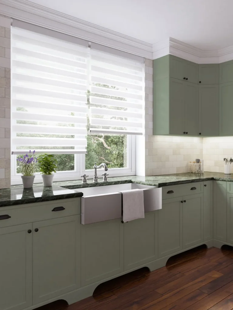 White day & night blinds in a bright kitchen