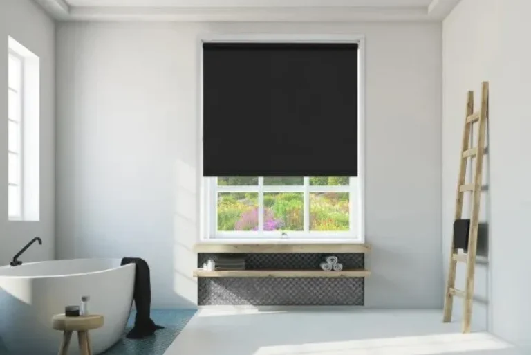 Black roller blinds in a modern bathroom