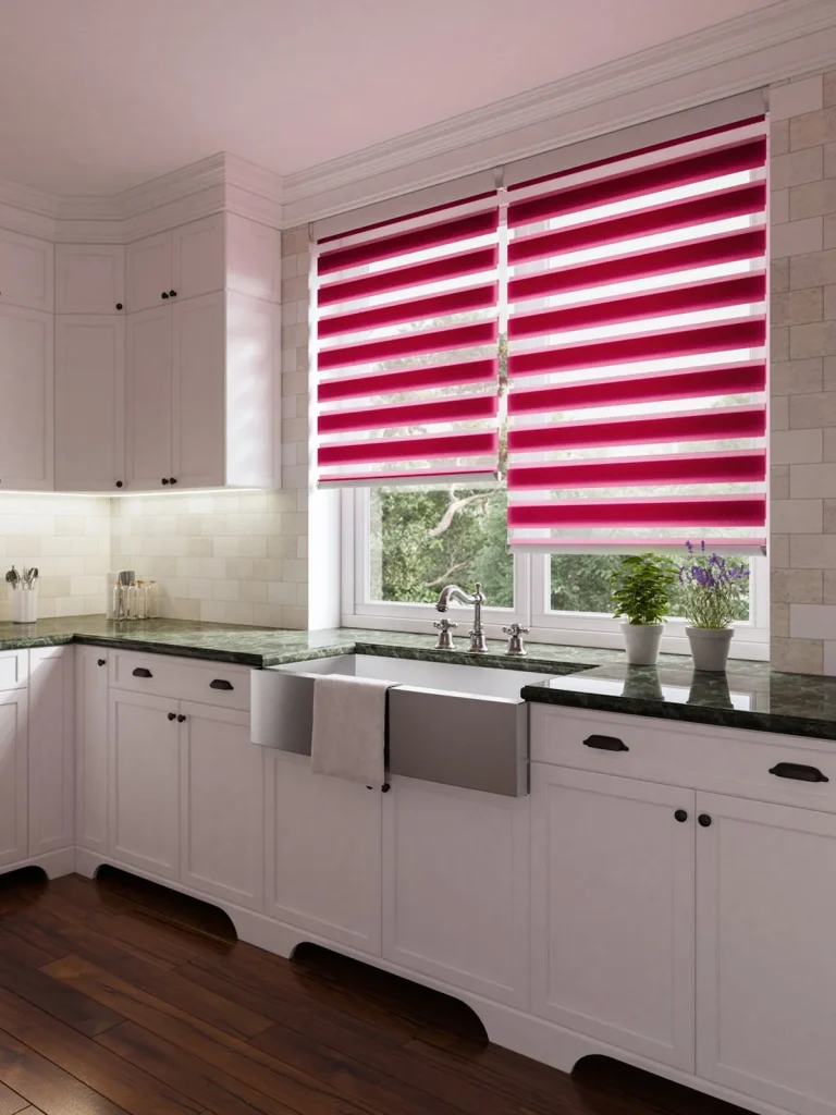 Red day & night blinds in a modern kitchen