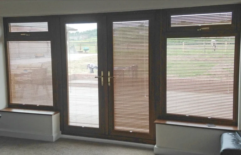 Brown perfect fit venetian blinds on patio doors