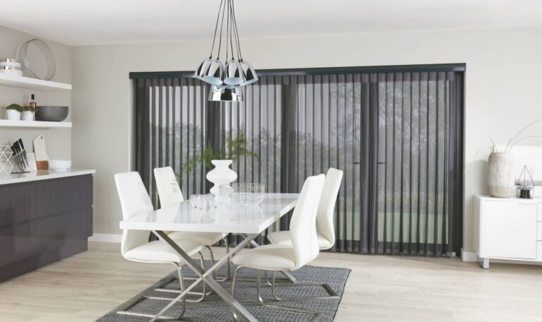 Dark grey allusion blinds in a modern dining room