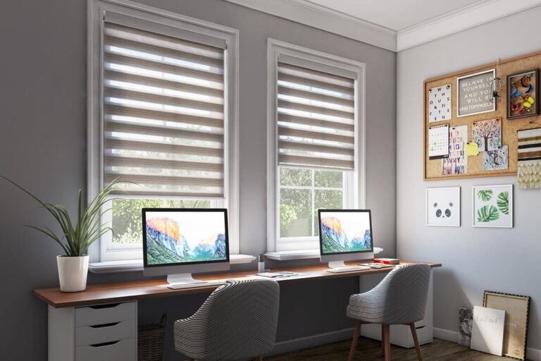 Affordable window treatments featuring dual-layer blinds in a modern home office setup