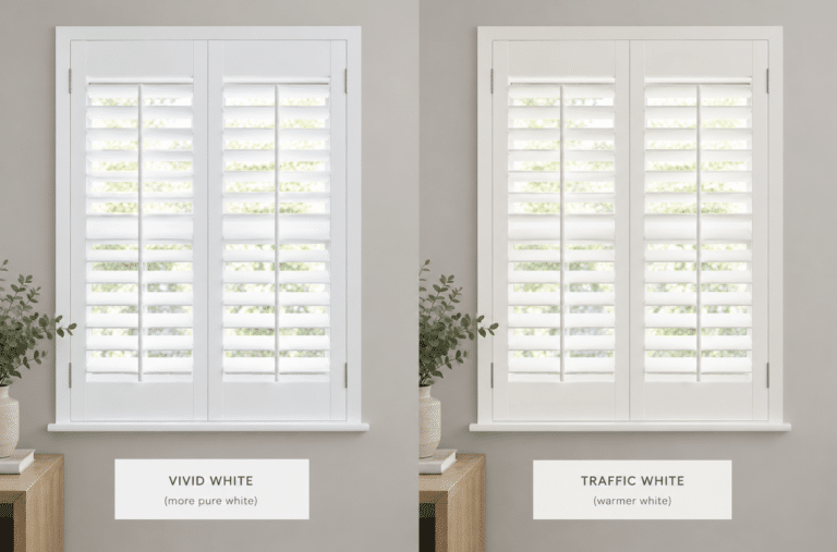 Vivid White and Traffic White plantation shutters side by side – Vivid White is a pure white, Traffic White is a warmer white