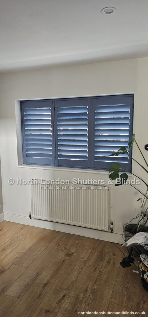 Grey-blue full height plantation shutters by shutter fitters in Barnet, North London