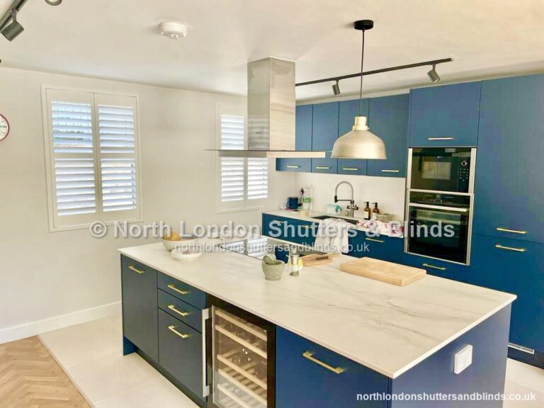 White full height plantation shutters in a kitchen by shutter fitters in Barnet, North London