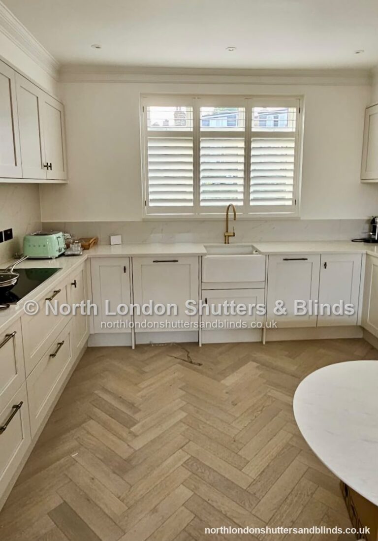White full height plantation shutters in a kitchen by shutter fitters in Barnet, North London