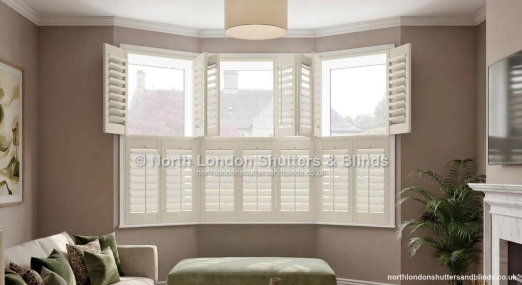 White tier-on-tier plantation shutters in a living room by shutter fitters in Barnet, North London