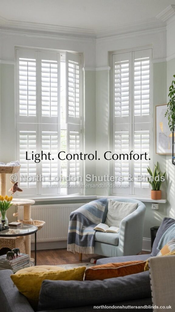 White tier-on-tier plantation shutters in a living room by shutter fitters in Barnet, North London