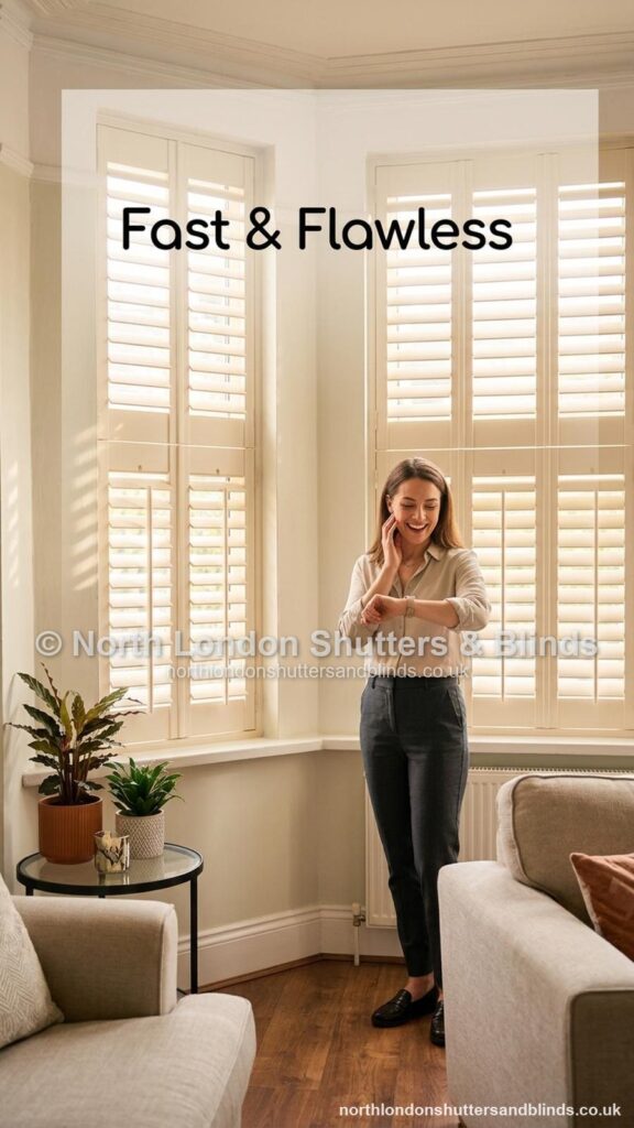 White tier-on-tier plantation shutters in a living room by shutter fitters in Barnet, North London