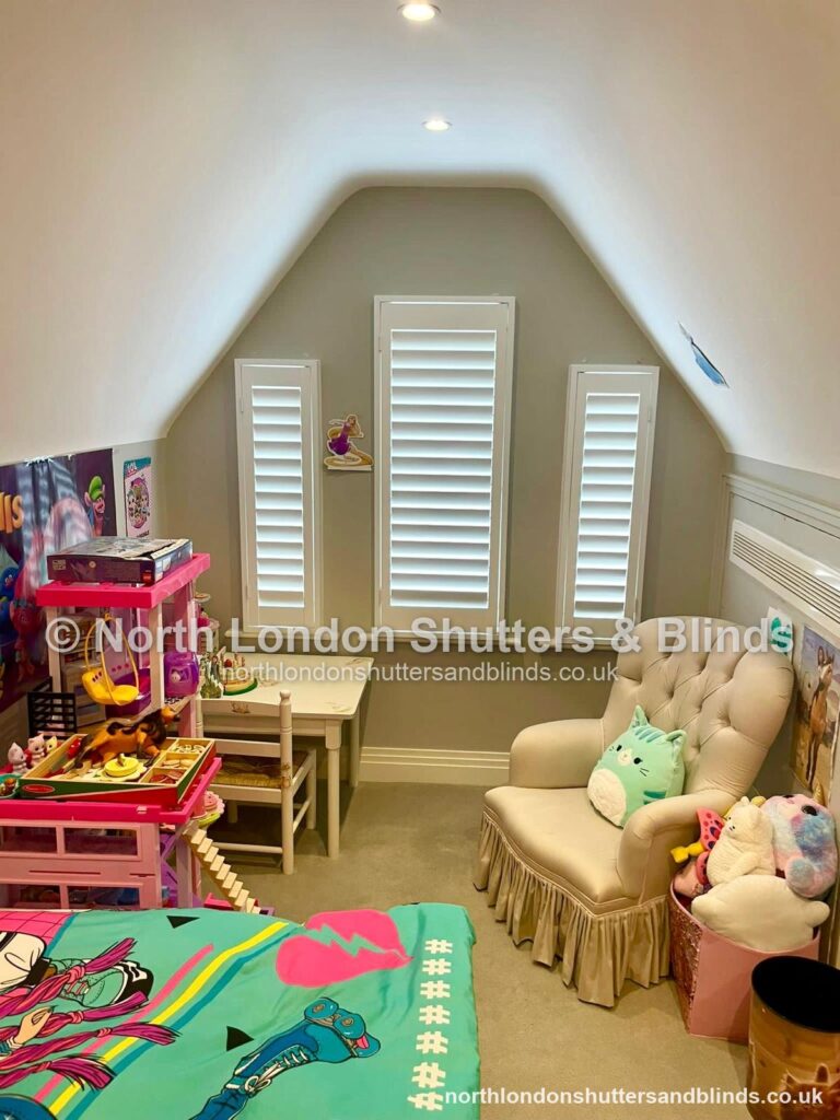 White full height plantation shutters in a loft room by shutter fitters in Barnet, North London