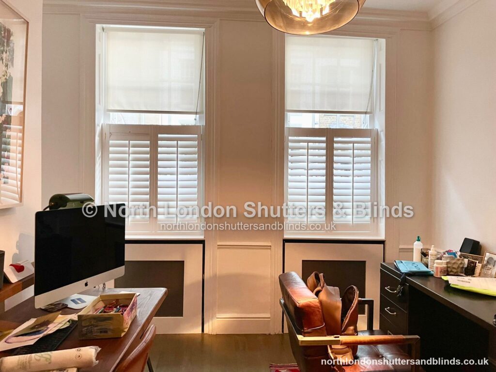 White café style plantation shutters in a study by shutter fitters in Barnet, North London
